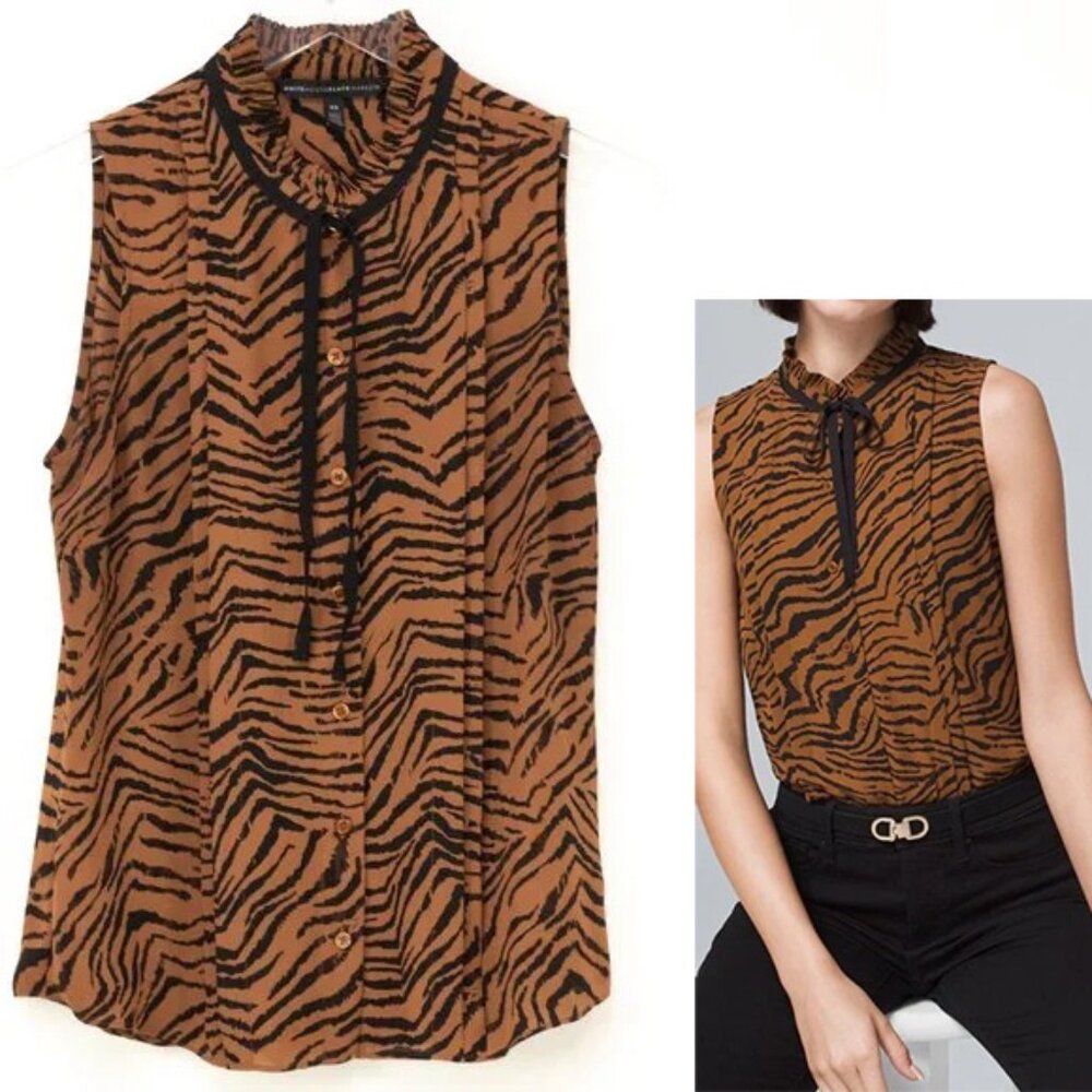 White House Black Market Tiger Print Sleeveless Tie Neck Blouse Brown Black XS